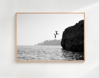 Cliff Dive Print, Black And White Fine Art Photography, Ocean Jump Print, Beach Wall Art, Summer Poster, Bathroom Wall Art, Digital Download