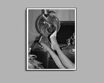 High Heels Disco Ball Print, Black and White, Fashion Poster, Feminist Print, Printable Wall Art, Teen Girl Bedroom Decor, Digital Download