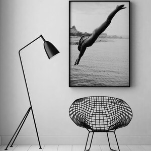 Woman Swimming Print, Black and White, Beach Photography, Diving, Feminist Poster, Girls Bedroom Decor, Printable Wall Art, Digital Download