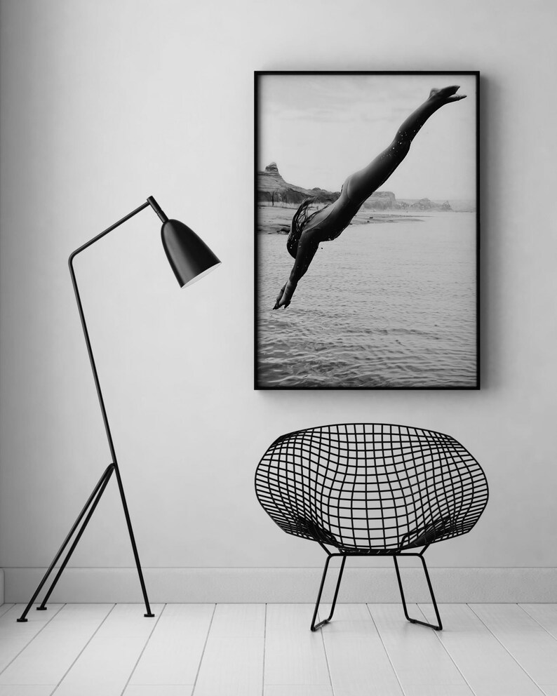 Woman Swimming Print, Black and White, Beach Photography, Diving, Feminist Poster, Girls Bedroom Decor, Printable Wall Art, Digital Download