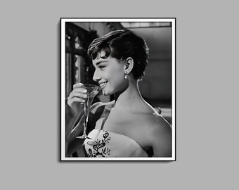 Audrey Hepburn Drinking Wine Poster, Black And White, Audrey Hepburn Print, Old Hollywood Decor, Vintage Photos, Bar Cart Print, Printable