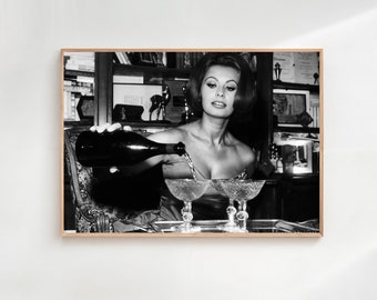Sophia Loren Drinking Martini Poster, Black And White, Vintage Print, Photography Prints, Sophia Loren Poster, Bar Cart Digital Prints