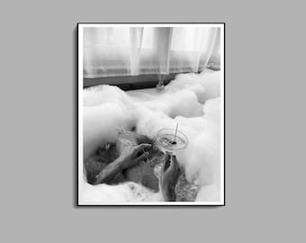 Woman Drinking Martini in Bathtub Print, Black and White, Feminist Poster, Martini Wall Art, Bar Cart Wall Art Print, Girls Bathroom Decor
