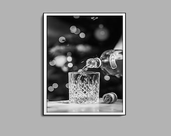Whiskey Poster, Black And White, Home Bar Decor, Bar Cart Print, Alcohol Wall Art, Vintage Bar Decor, Whiskey Pouring Print, Printable Art