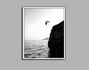 Cliff Jump Diving Print, Black And White, Ocean Jump Wall Art, Beach Photography, Vintage Ocean Print, Digital Download, Photography Prints