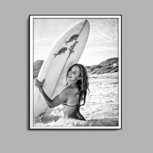 Surfer Girl Poster, Black And White, Surfboard Print, Fashion Wall Art, Beach House Decor, Summer Poster, Digital Download, Feminist Poster
