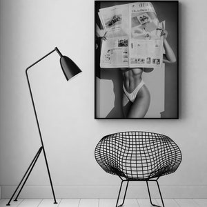 Woman Reading Newspaper Print, Black and White, Fashion Wall Art, Luxury Poster, Digital Download, Photography Prints, Summer Poster