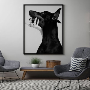 Doberman Pinscher Poster, Black and White, Luxury Fashion Print, Doberman Wall Art, Teen Girl Room Decor, Dog Print, Digital Download, Gifts