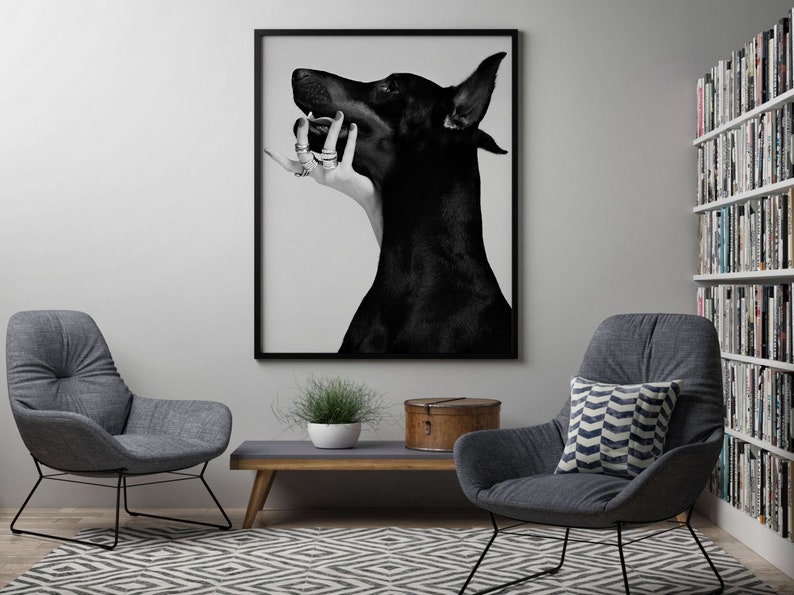 Doberman Pinscher Poster, Black and White, Luxury Fashion Print, Doberman Wall Art, Teen Girl Room Decor, Dog Print, Digital Download, Gifts