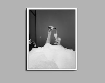 Woman Drinking Wine in Bathtub Print, Black And White, Feminist Poster, Bar Cart Print, Teen Girl Bathroom Decor, Cocktail Wall Art, Canvas