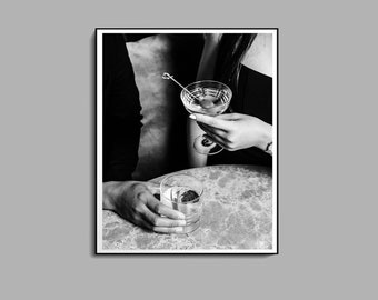 Póster de martini, blanco y negro, impresión de carrito de bar, arte mural de martini, descarga digital, arte mural de cócteles, decoración de bar vintage, póster imprimible