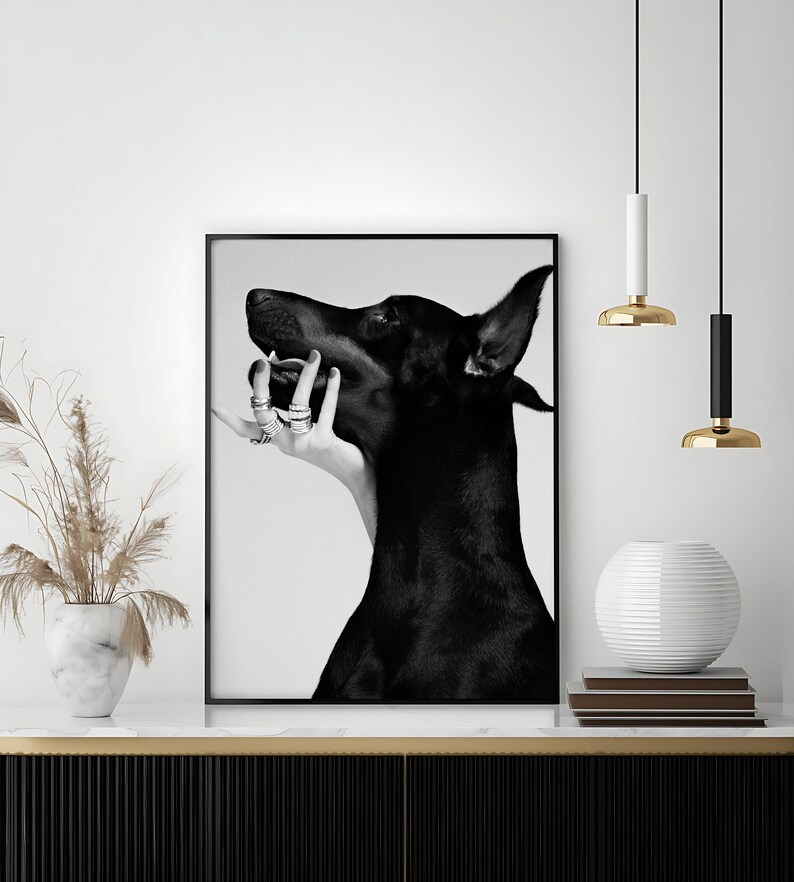 Doberman Pinscher Poster, Black and White, Luxury Fashion Print, Doberman Wall Art, Teen Girl Room Decor, Dog Print, Digital Download, Gifts