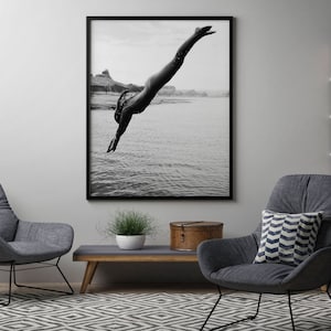 Woman Swimming Print, Black and White, Beach Photography, Diving, Feminist Poster, Girls Bedroom Decor, Printable Wall Art, Digital Download