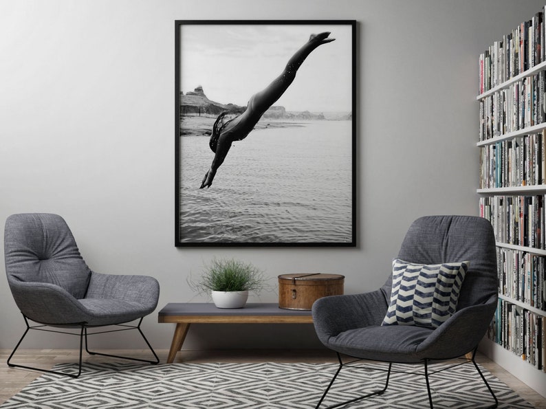 Woman Swimming Print, Black and White, Beach Photography, Diving, Feminist Poster, Girls Bedroom Decor, Printable Wall Art, Digital Download