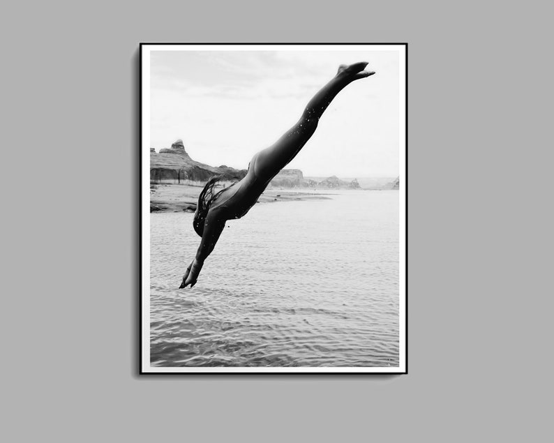 Woman Swimming Print, Black and White, Beach Photography, Diving, Feminist Poster, Girls Bedroom Decor, Printable Wall Art, Digital Download