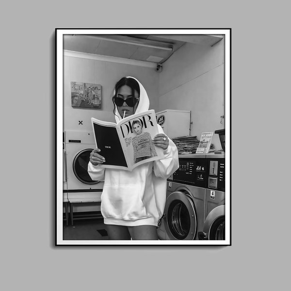 Woman Reading Magazine Poster, Black and White, Luxury Prints, Teen Girl Room Decor, Digital Download, Trendy Wall Art, Fashion Photography