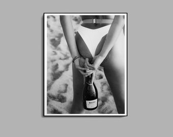 Feminist Poster, Woman Drinking Wine in Beach Print, Summer Poster, Black and White, Alcohol Wall Art, Bar Cart Print, Teen Girl Room Decor