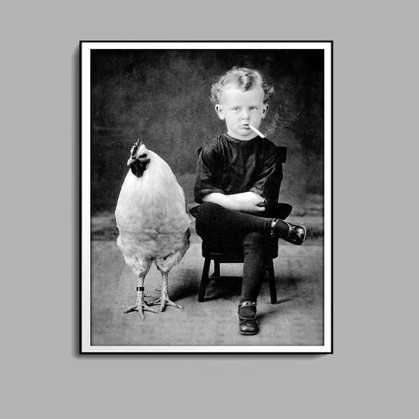 Boy with Chicken Rooster Print, Smoking Child Black and White Wall Art, Vintage Print, Photography Prints, Museum Quality Photo Art Print