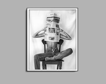 Naked Woman Reading Newspaper Print, Black and White Wall Art, Feminist Poster, Photography Prints, Teen Girl Room Decor, Digital Download