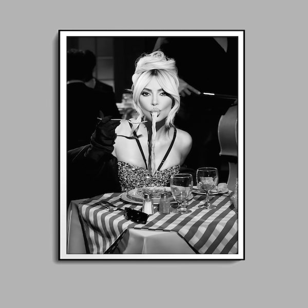 Italian Woman Eating Spaghetti Poster, Black and White, Pasta Print, Kitchen Wall Art, Vintage Food Poster, Restaurant Decor, Pasta Poster