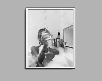 Woman Drinking Wine in Bathtub Print, Feminist Poster, Black and White, Alcohol Wall Art, Girls Bathroom Decor, Bar Poster, Digital Download