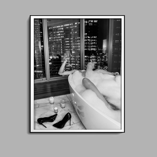 Woman Drinking Wine in Bathtub Poster, Black And White, Bathroom Wall Art, Feminist Poster, Digital Download, Bar Cart Print, Fashion Poster