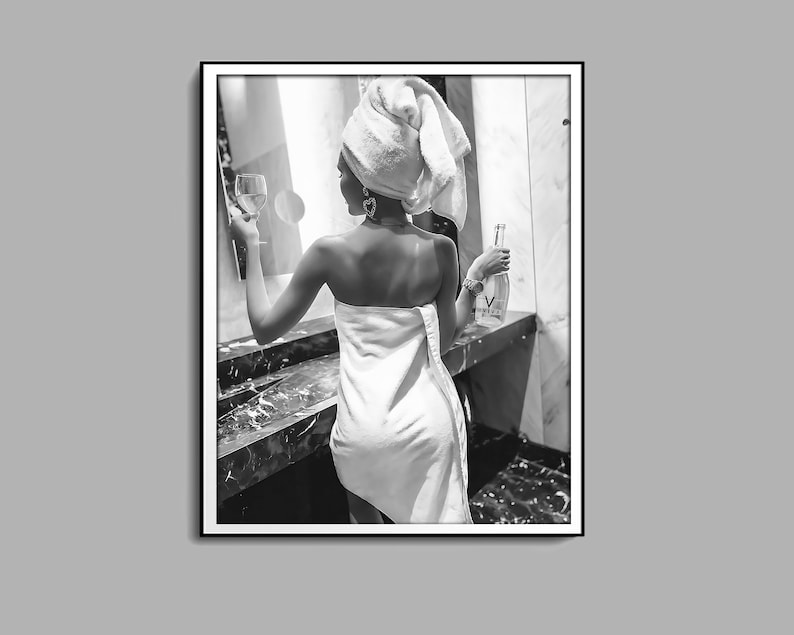 Woman Drinking Wine in Bathroom Poster, Bar Cart Print, Black and White, Printable Fashion Wall Art, Feminist Poster, Girls Bathroom Decor