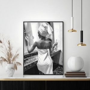 Woman Drinking Wine in Bathroom Poster, Bar Cart Print, Black and White, Printable Fashion Wall Art, Feminist Poster, Girls Bathroom Decor