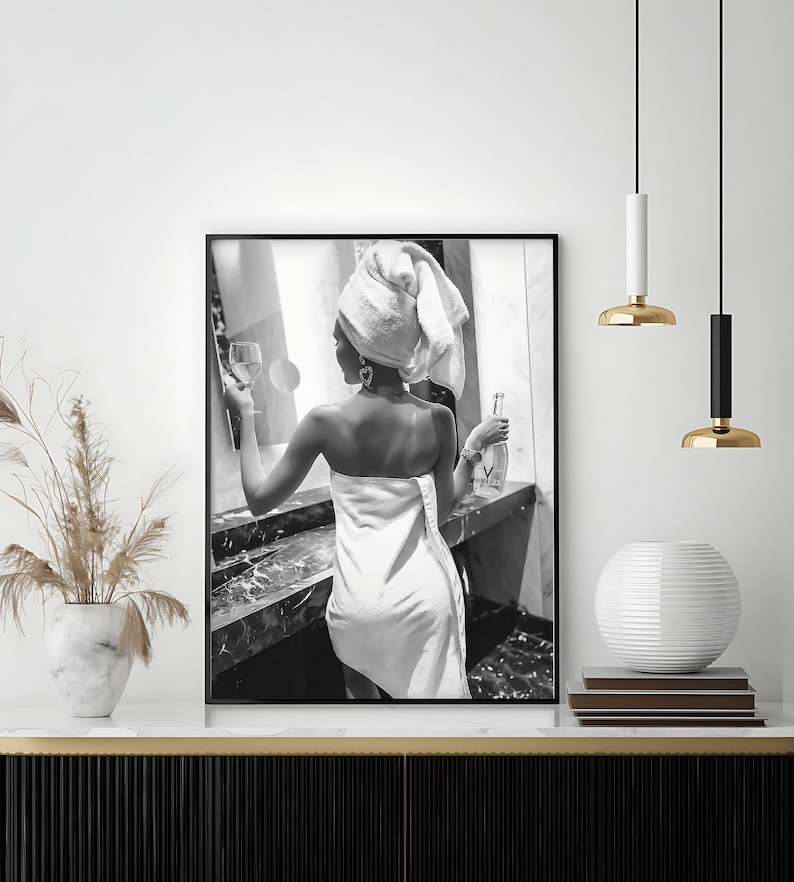 Woman Drinking Wine in Bathroom Poster, Bar Cart Print, Black and White, Printable Fashion Wall Art, Feminist Poster, Girls Bathroom Decor