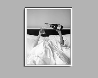 Woman Drinking Martini in Bed Print, Feminist Poster, Black and White, Alcohol Wall Art, Bar Cart Print, Girl Room Decor, Digital Download