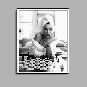 Woman Playing Chess Print, Feminist Poster, Black And White, Girl Power Print, Digital Download, Teen Girl Room Decor, Chic Wall Art, Canvas
