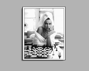 Woman Playing Chess Print, Feminist Poster, Black And White, Girl Power Print, Digital Download, Teen Girl Room Decor, Chic Wall Art, Canvas
