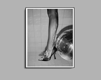 Póster de bola de discoteca en el baño, blanco y negro, impresión de moda, arte de pared moderno, decoración de baño para niñas, impresión de fiesta de discoteca, descarga digital