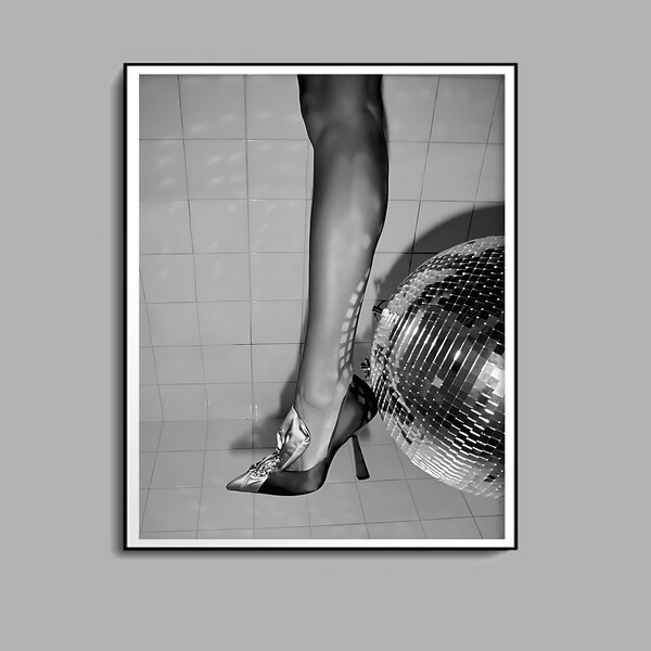 Disco Ball in the Bathroom Poster, Black and White, Fashion Print, Funky Wall Art, Girls Bathroom Decor, Disco Party Print, Digital Download