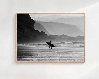 Minimalist Surf Print, Black And White Ocean Photography, Solo Surfer Print, Surfer Wall Art, Beach House Decor, Surfboard, Digital Download