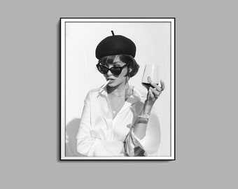 Woman Drinking Wine Print, Black And White, Bar Cart Art, Feminist Poster, Vintage Bar Decor, Alcohol Wall Art, Digital Download, Printable