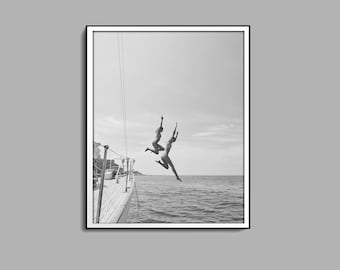 Black and White Ocean Jump Sail Boat, Yacht Wall Art, Women Jumping into Water, Wall Art, Beach Print, Summer Art, Boat Wall Art, Printable
