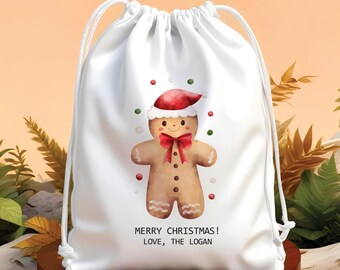 Christmas Gift - Kids Goodie Bag - Custom Goodie Bag - Custom Name - Custom Gift Bag -Gingerbread Man Drawstring Bag - Holiday Gift