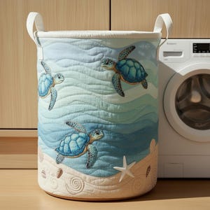 Meeresschildkröte gesteppter Wäschekorb, Ocean Beach Aufbewahrungskorb, Küstenstoffkorb für Badezimmer Waschküche, Geschenk für Mama, Geschenk für Strandliebhaber