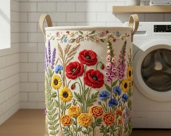 Wildflower Quilted Laundry Basket, Floral Storage Hamper for Bedroom Laundry Room, Fabric Toy Bin, Blanket Basket, Gift for Mom
