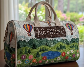 Adventure Quilted Duffle Bag, Mountain Landscape Travel Weekender Bag, Hot Air Balloon Overnight Tote, Nature Travel Bag for Women