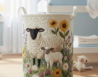 Sheep Quilted Laundry Basket, Farmhouse Nursery Storage Hamper, Cute Lamb Fabric Basket, Toy Storage Bin, Blanket Basket