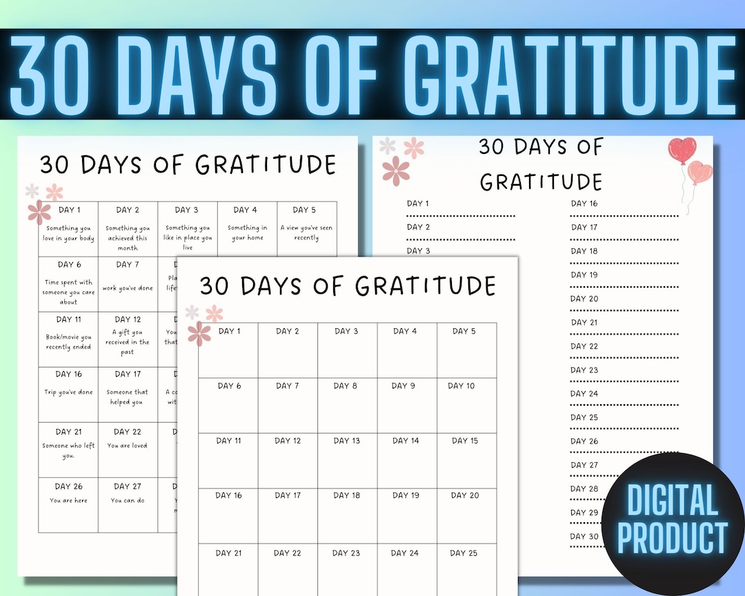 30 Days of Gratitude Printable, Gratitude Printable, Calendar and Fillable 30 Days of Gratitude ...