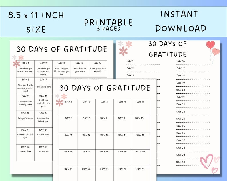 30 Days of Gratitude Printable, Gratitude Printable, Calendar and ...