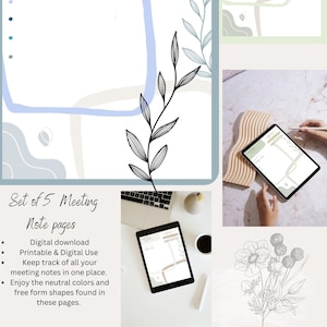May include: Set of five printable meeting note pages with a neutral color palette and abstract shapes. The pages feature a leafy branch design and the text "meeting tracker" and "meeting notes".