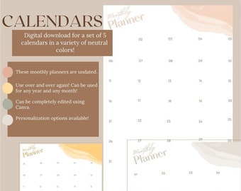 Printable Calendar Template- Digital Download! Reuse from Month to Month or Year to Year!