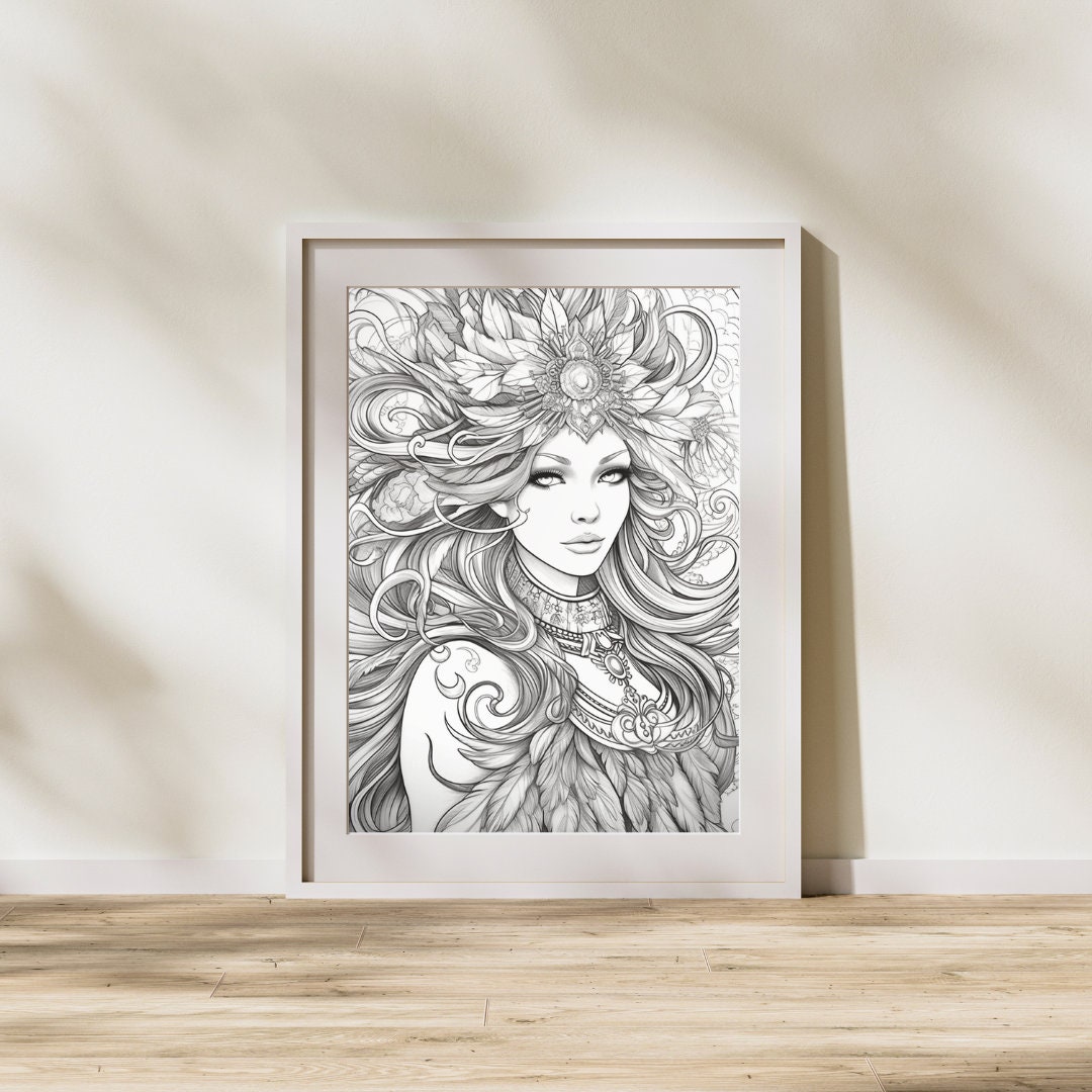 Enchanting Coloring Page Mandala Anime Woman Phoenix - Etsy