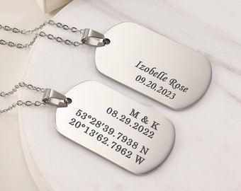 Personalized Silver Dog Tag Necklace for Men,Custom Memorial Military Necklace,Engraved GPS Coordinates Necklace,Mens Dog Tag ID Pendant