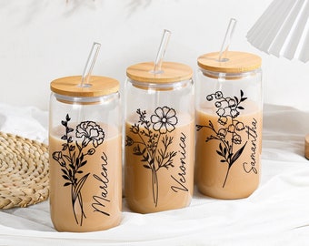Personalized Birth Flower Coffee Cup with Name, Custom Birth Flower Tumbler, 16 oz Glass Mug, Bridesmaid Proposal Gift for Her, Party Favor