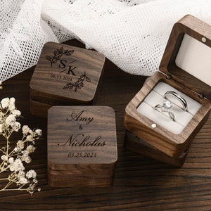 Engraved Wooden Ring Box, Wedding & Engagement Holder, Wood Ring Bearer Box, Custom Square Box for Engagement, Anniversary, Proposal